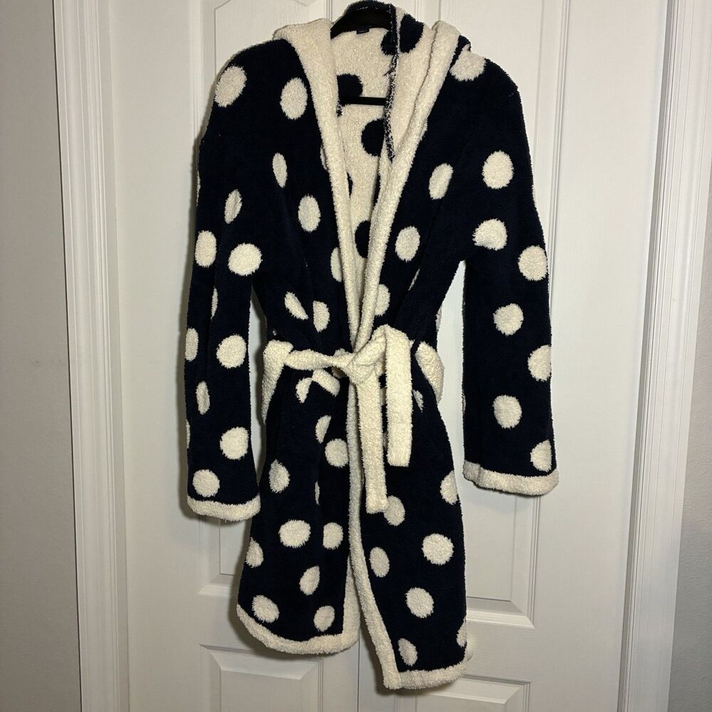 Barefoot Dreams CozyChic Women’s Plush Hooded Robe Size 2 Navy\White Polka Dot